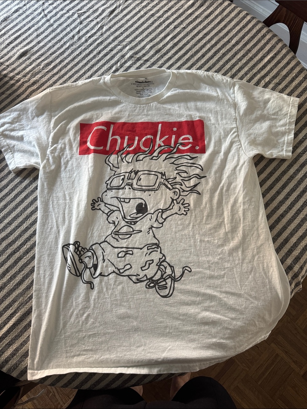 Nickelodeon White Tee with Red "Chuckie" Box Logo and Black Line Character